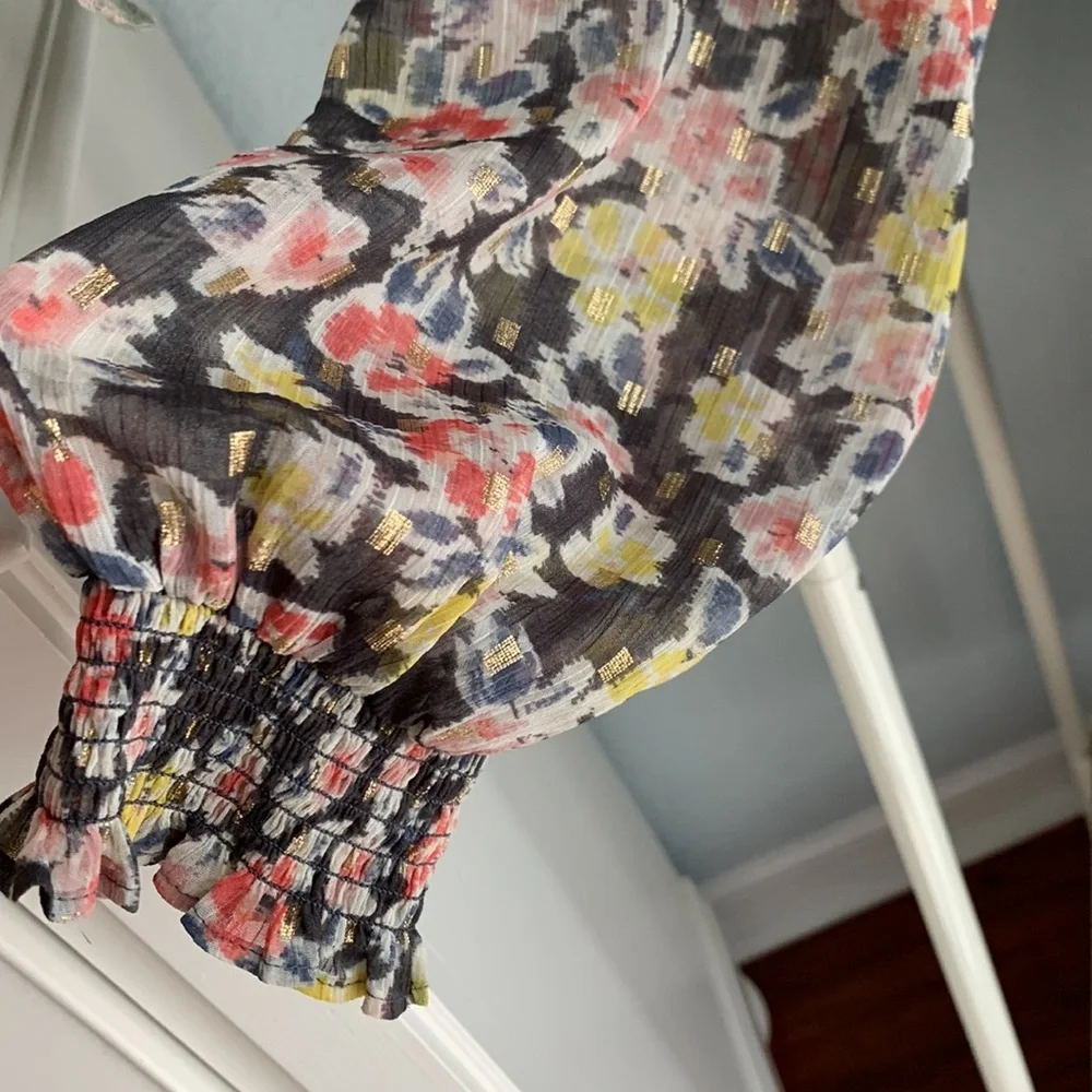 Loft Gray yellow grey pink white gold blue floral long sleeve dress size large - Picture 6 of 7